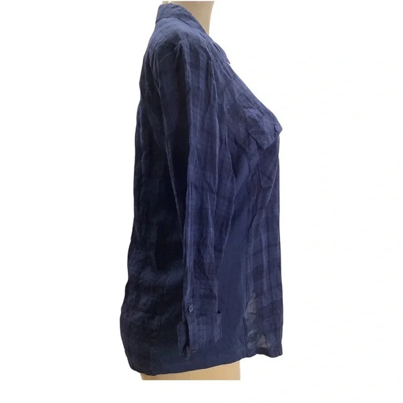 Emily Daniels Blue & Black Checkered 3/4 Sleeve Button Up Blouse Size Large New - Picture 4 of 8